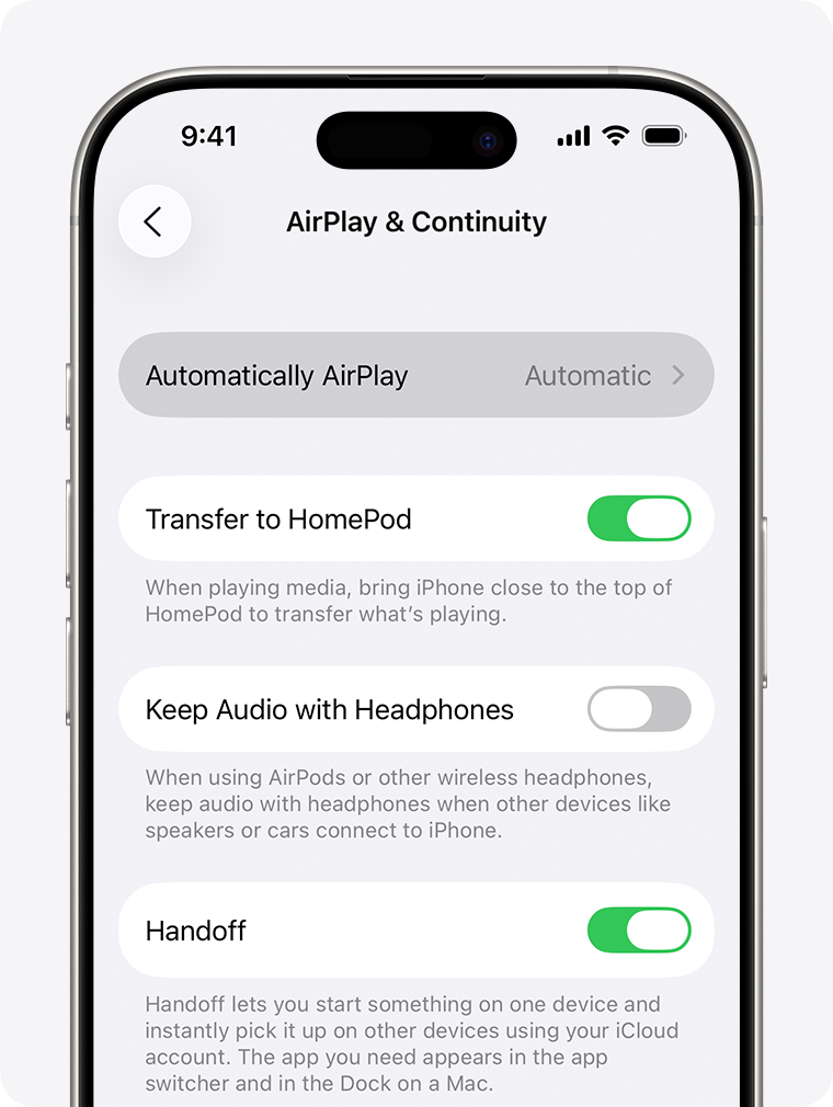 Automatic is selected for Automatically AirPlay on the AirPlay & Continuity screen.